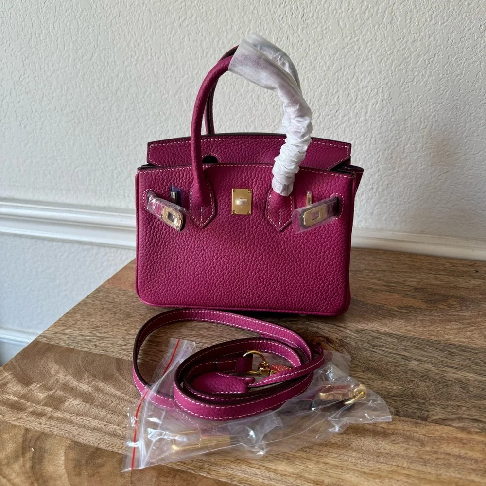 Fuchsia Pink Mini 20 Leather Top Handle Bag Structured Satchel w/ Gold HW B13 - Picture 9 of 10